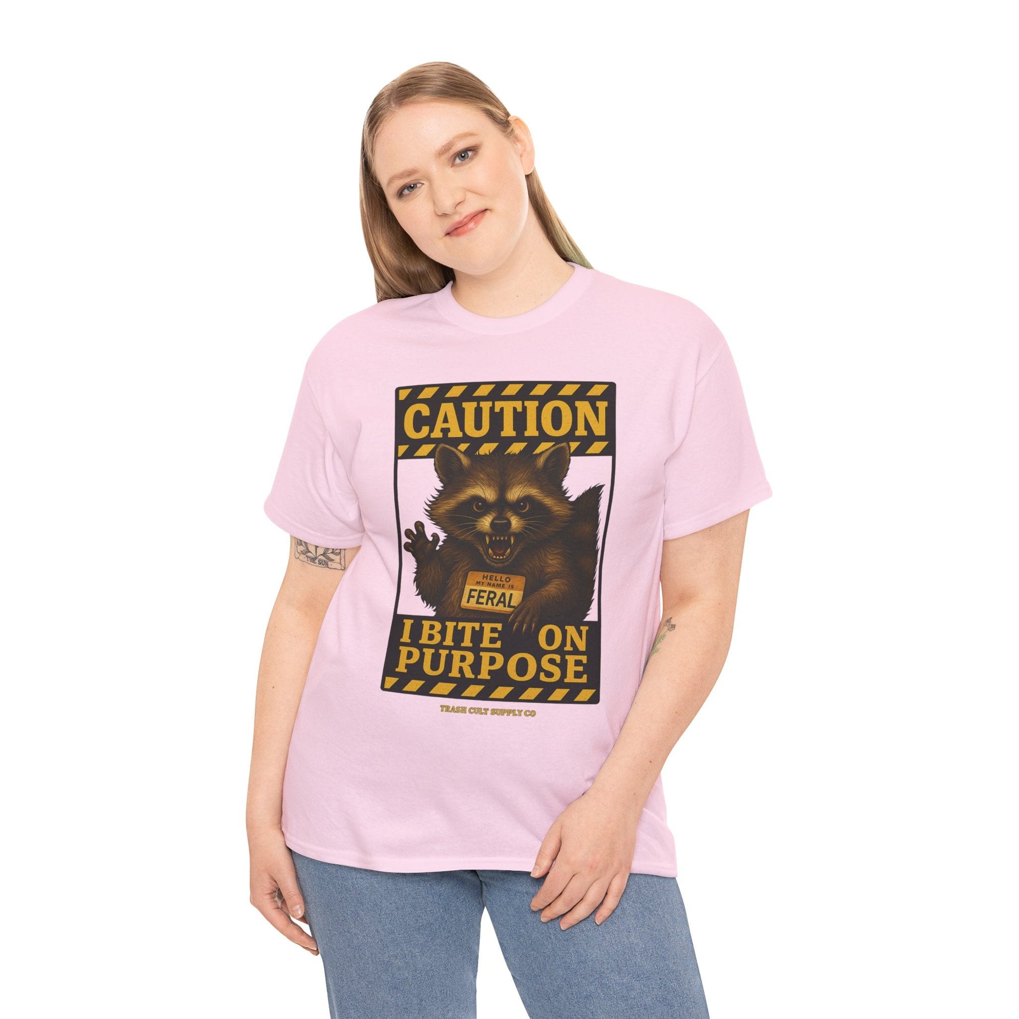 I Bite On Purpose Raccoon Warning T-Shirt – Caution Sign Style | Trash Cult Supply Co | Gildan 5000