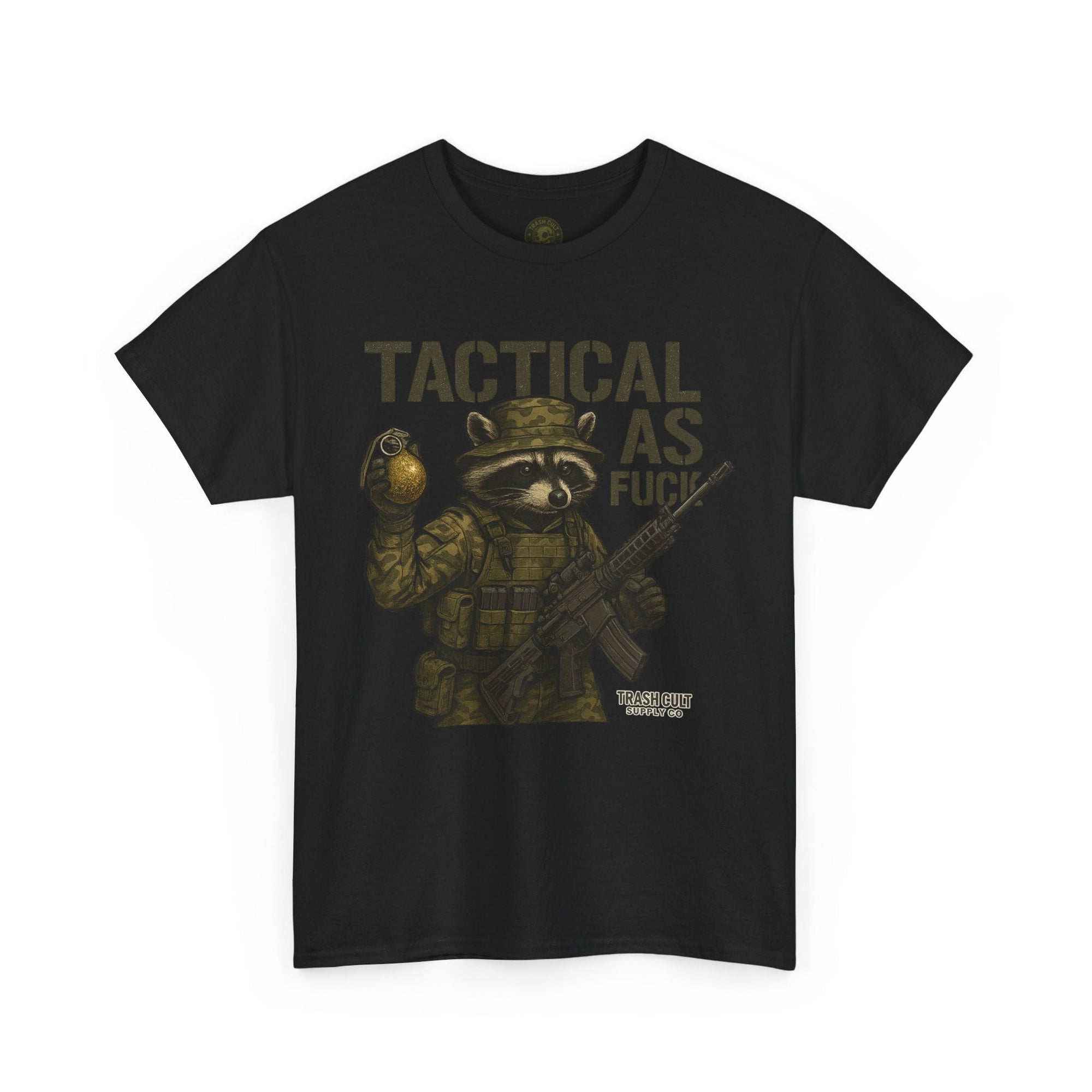 Tactical As F*** T-Shirt – Armed Raccoon Military Humor Tee | Trash Cult Supply Co. | Gildan 5000 Heavy Cotton