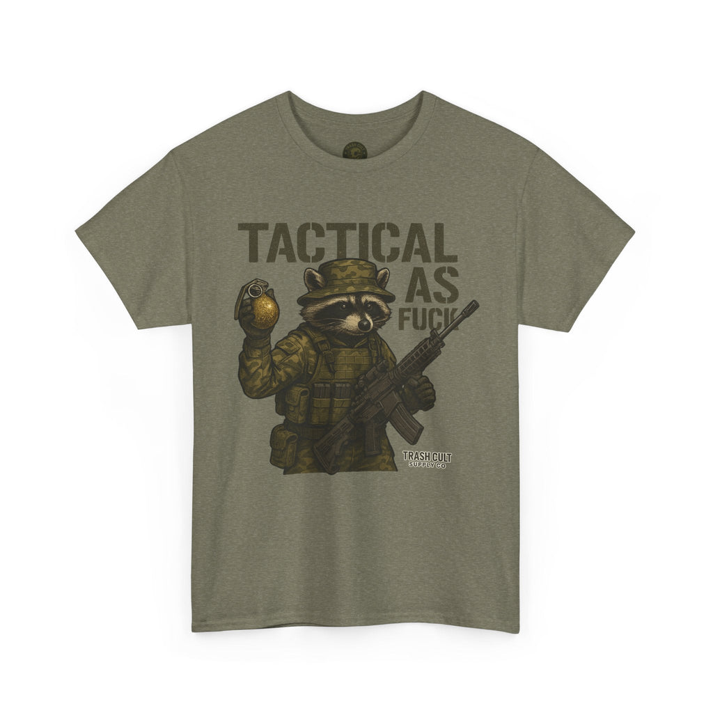 Tactical As F*** T-Shirt – Armed Raccoon Military Humor Tee | Trash Cult Supply Co. | Gildan 5000 Heavy Cotton