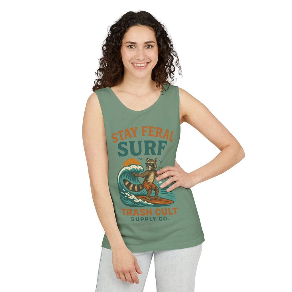 Stay Feral Surf Tank Top – Retro Raccoon Beach Tank – Trash Cult Supply Co – Comfort Colors 9360