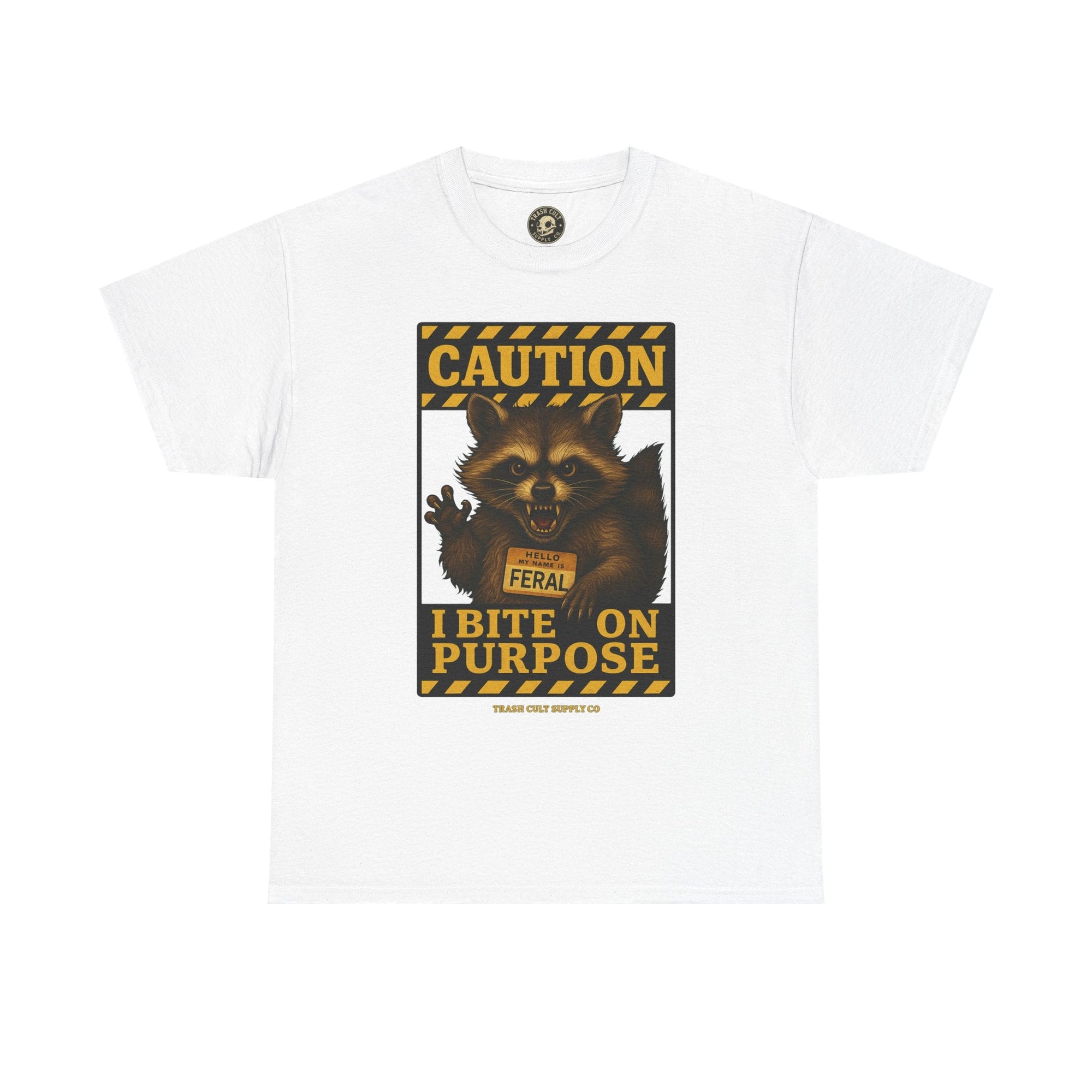 I Bite On Purpose Raccoon Warning T-Shirt – Caution Sign Style | Trash Cult Supply Co | Gildan 5000