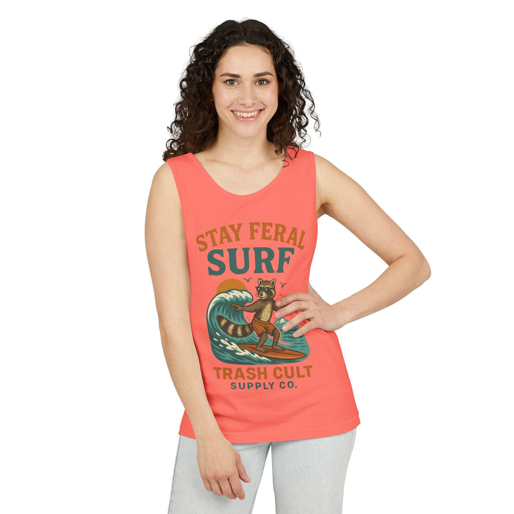 Stay Feral Surf Tank Top – Retro Raccoon Beach Tank – Trash Cult Supply Co – Comfort Colors 9360