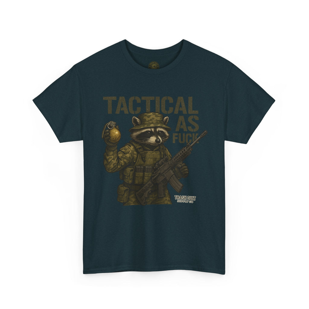 Tactical As F*** T-Shirt – Armed Raccoon Military Humor Tee | Trash Cult Supply Co. | Gildan 5000 Heavy Cotton