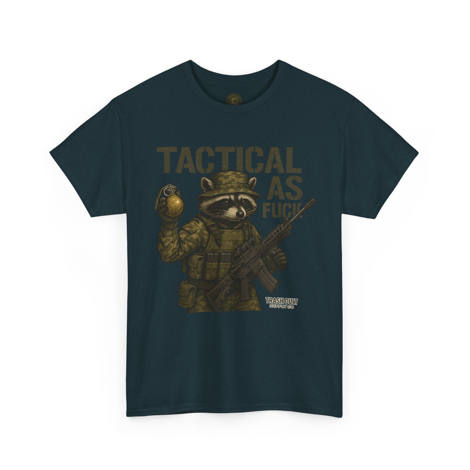 Tactical As F*** T-Shirt – Armed Raccoon Military Humor Tee | Trash Cult Supply Co. | Gildan 5000 Heavy Cotton