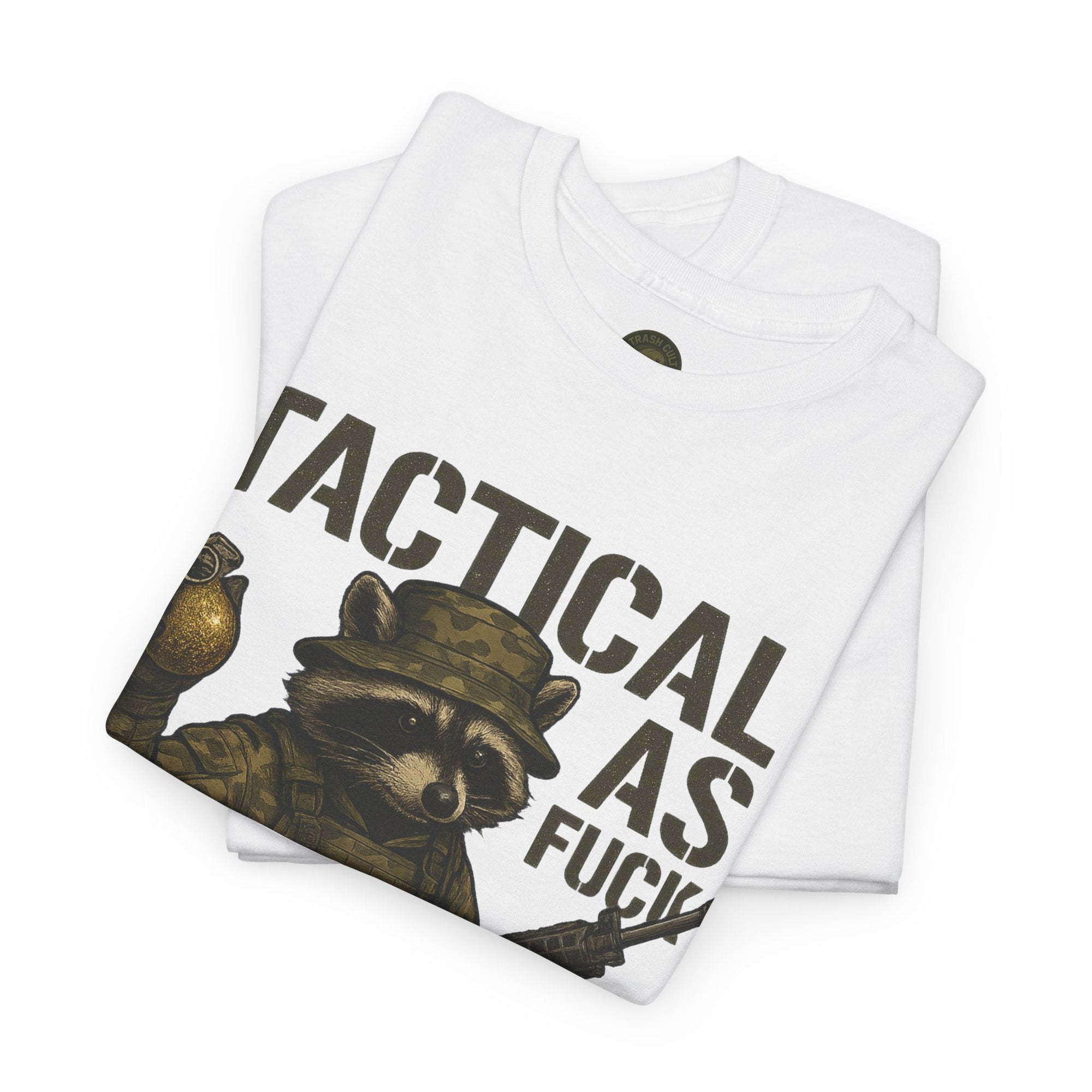 Tactical As F*** T-Shirt – Armed Raccoon Military Humor Tee | Trash Cult Supply Co. | Gildan 5000 Heavy Cotton