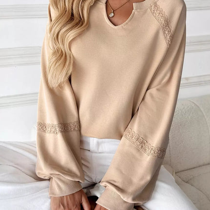 Lace Detail Notched Long Sleeve Sweatshirt