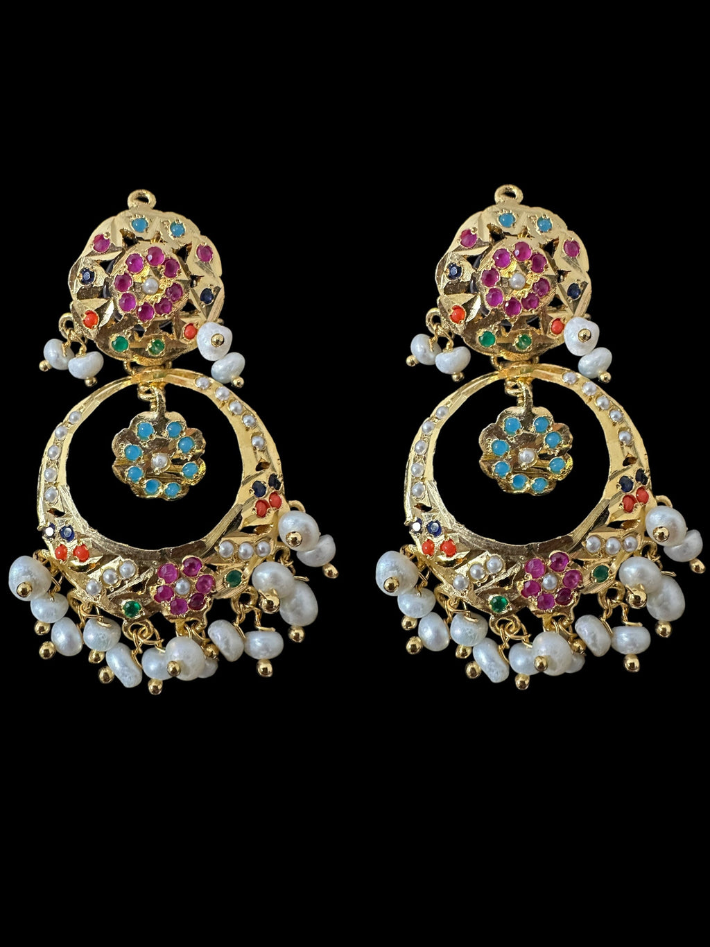 DNS195  Navratan jadau necklace set in fresh water pearls  ( READY TO SHIP )