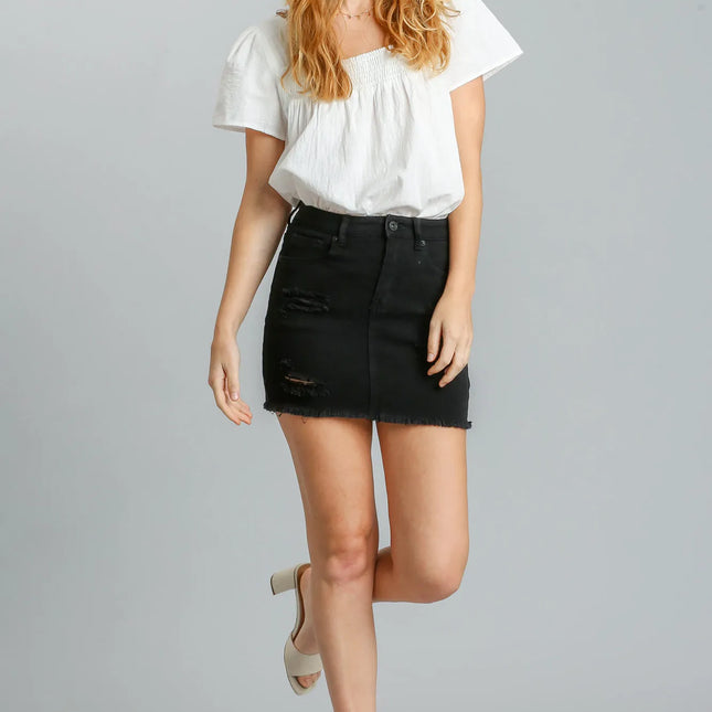 Distressed Raw Hem High Waist Denim Skirt