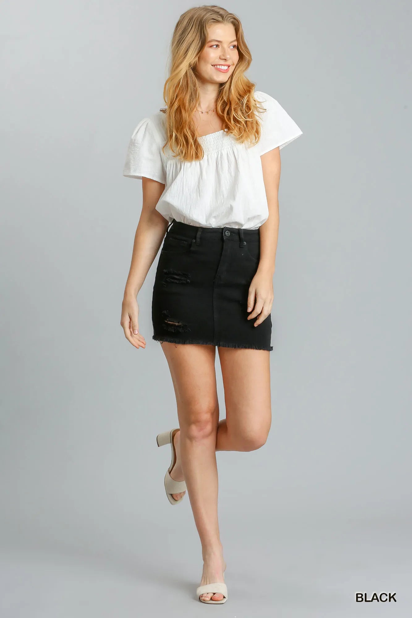 Distressed Raw Hem High Waist Denim Skirt