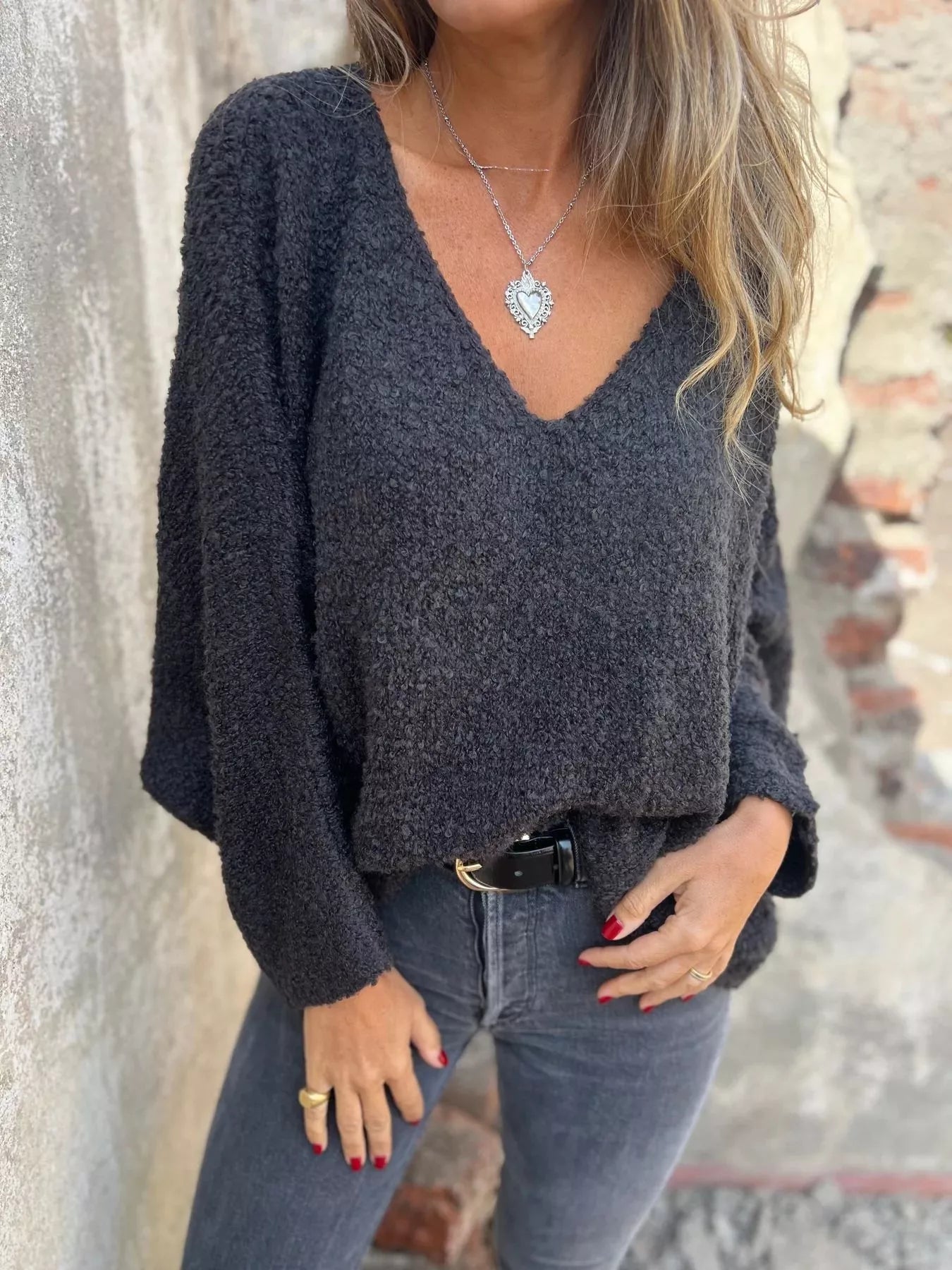 Full Size V-Neck Long Sleeve Sweater Plus Size