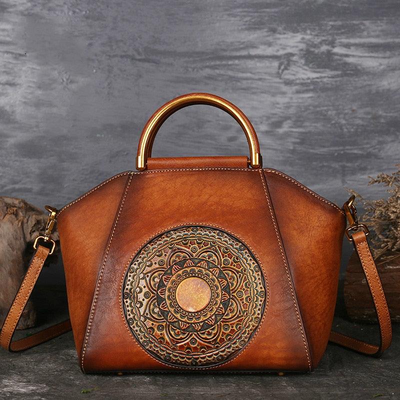 Mandala Embossed Leather Shoulder Bag