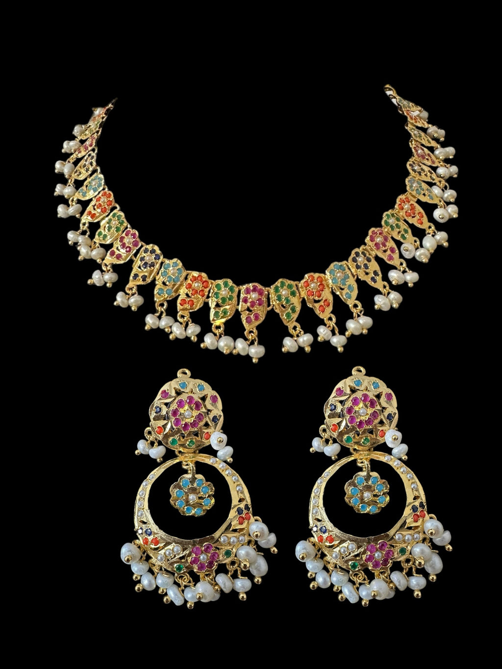 DNS195  Navratan jadau necklace set in fresh water pearls  ( READY TO SHIP )