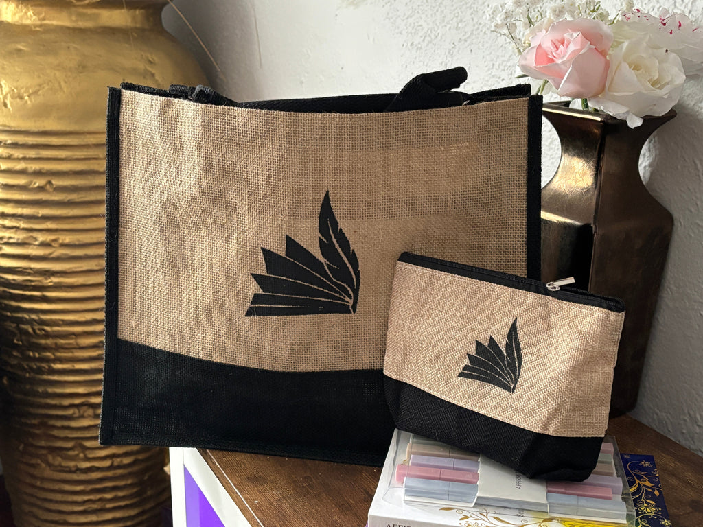 Burlap Tote + Accessory Bag Set