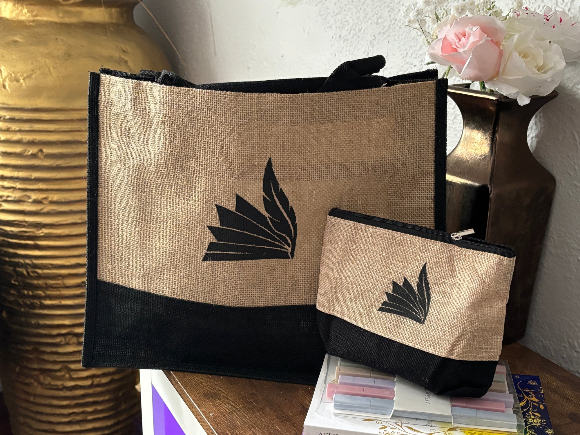 Burlap Tote + Accessory Bag Set