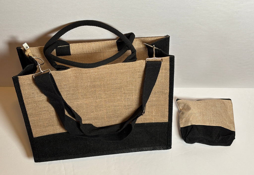 Burlap Tote + Accessory Bag Set