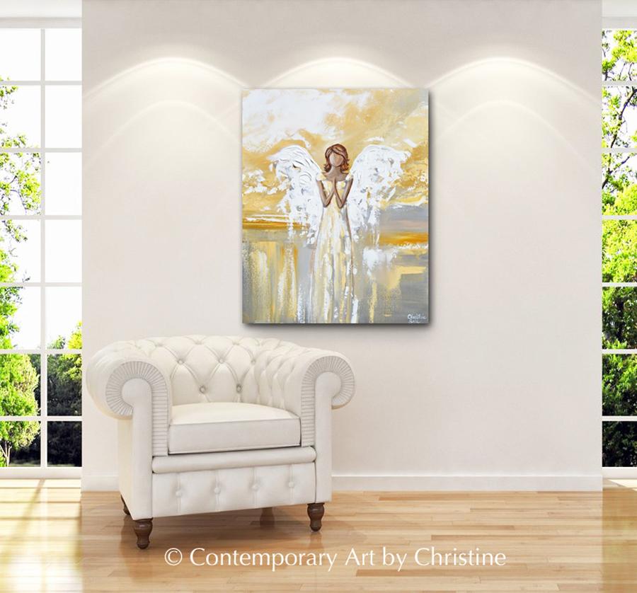 "Bringing Light and Hope" GICLEE PRINT Abstract Angel Painting Guardian Angel White Grey