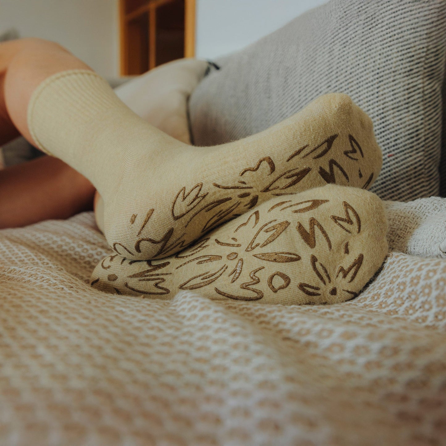 Little Yoga Socks Serene Socks- Adult Organic Cotton Non-Slip Socks- 4 Seasons- Lemon- 2 Pairs
