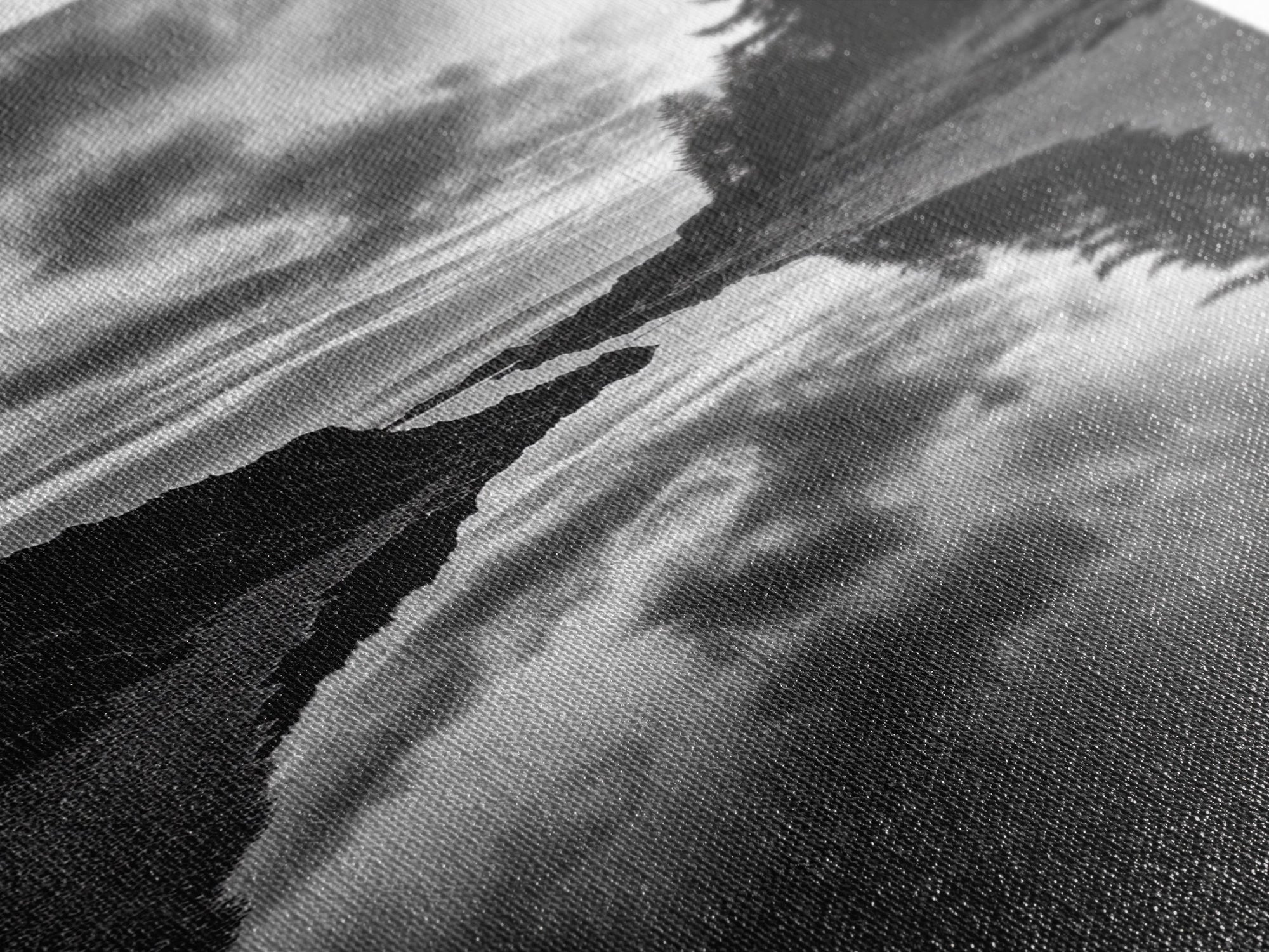 Reflective Tide Pool, Dramatic Sky, Forest Silhouette, Black and White Seascape, Framed Canvas Print, Living Room Wall Art, Nature Boho Style