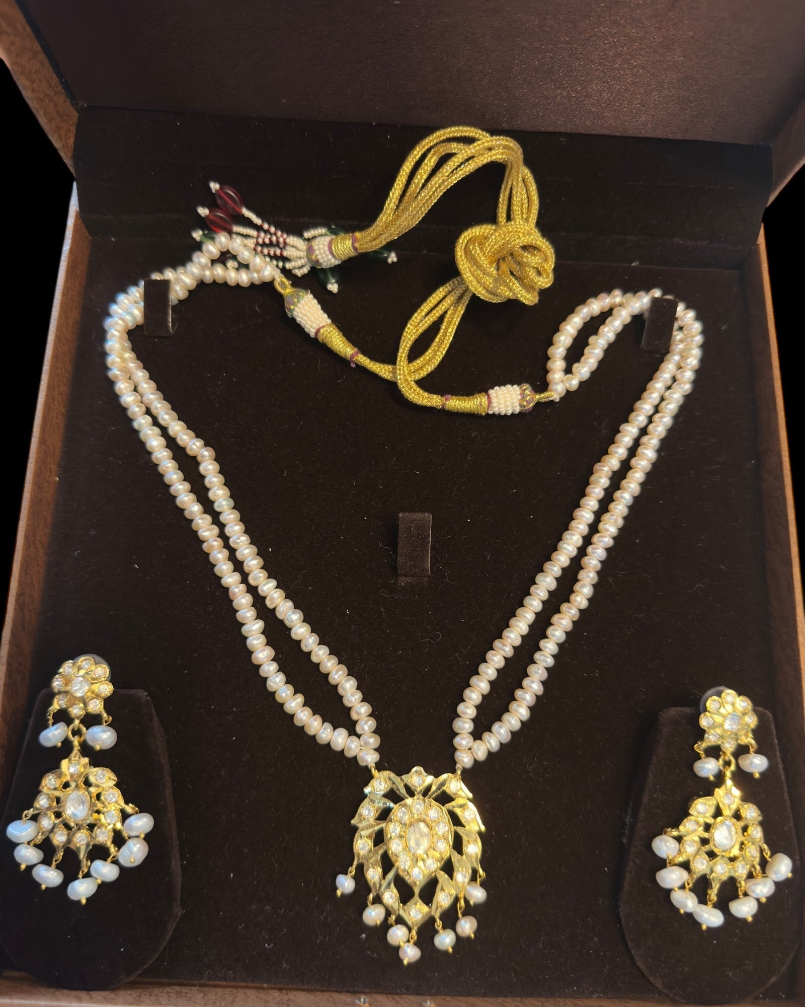 PS564 Aurora gold plated pendant set in moissanite and fresh water pearls ( READY TO SHIP )