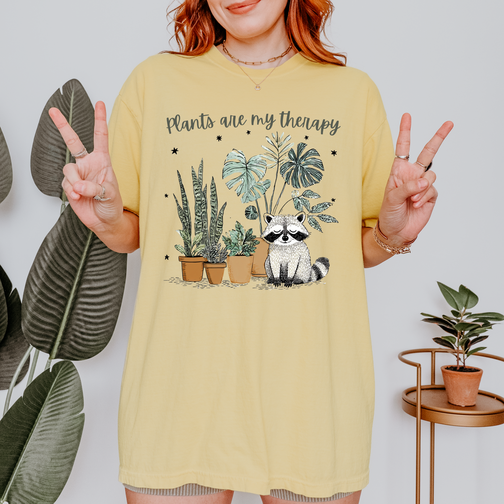 Plants Are My Therapy Raccoon T-Shirt | Funny Mental Health Tee | Plant Lover Gift | Cute Forest Animal Shirt | Gardening Therapy Shirt