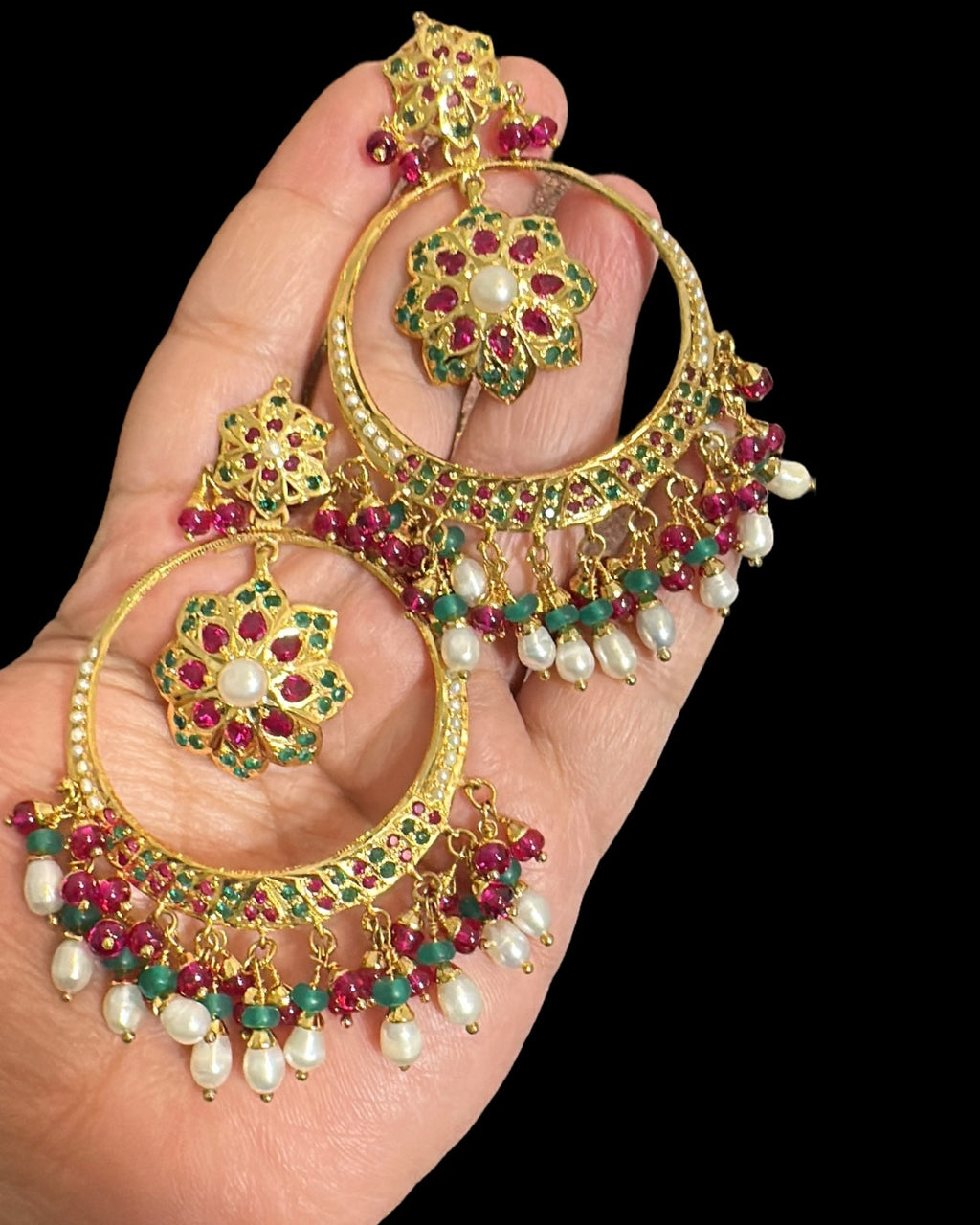 SER21 Ruby emerald pearl gold plated silver chandbali earrings ( READY TO SHIP )