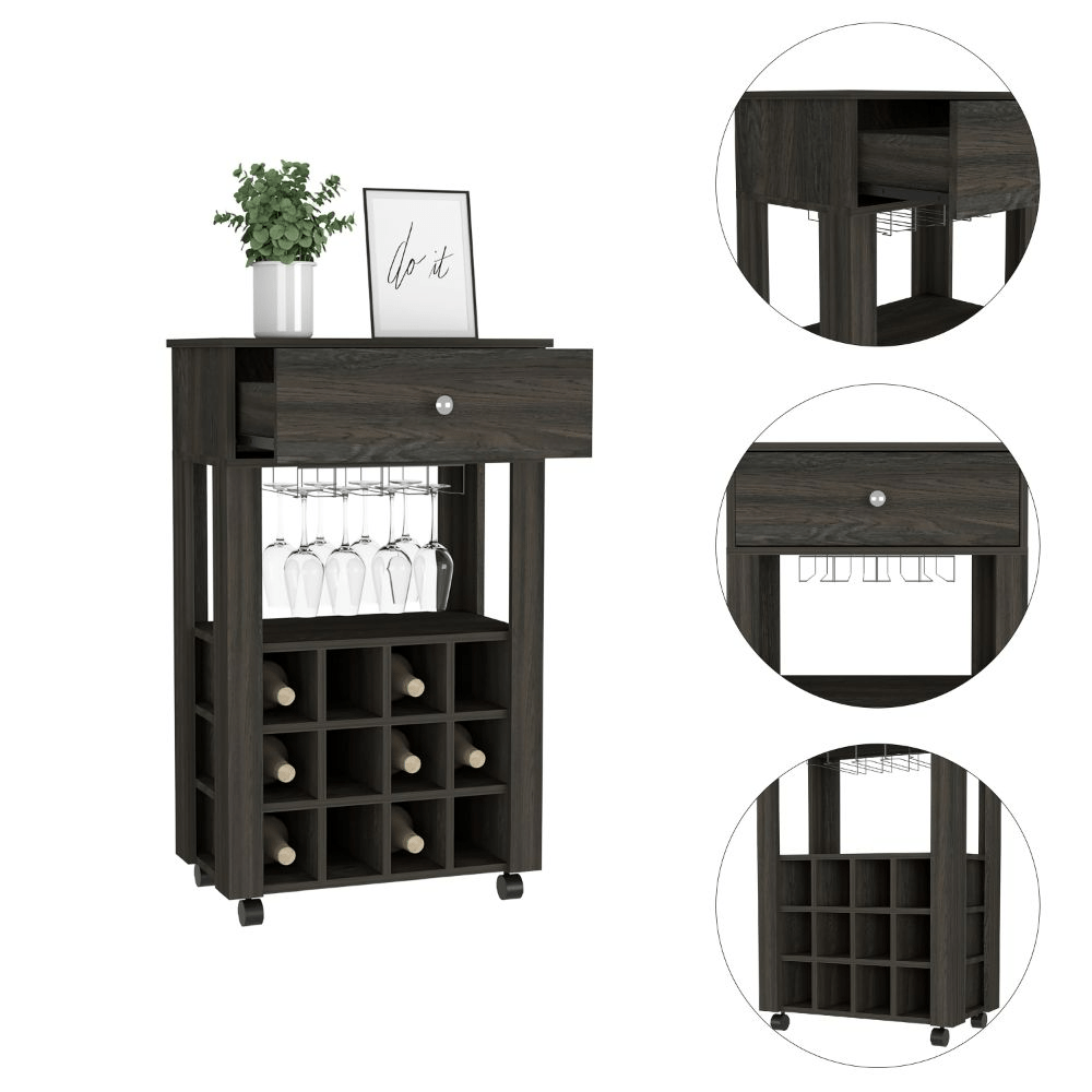 Bayamon Bar Cart – Contemporary Wine & Glass Storage with Drawer and Casters