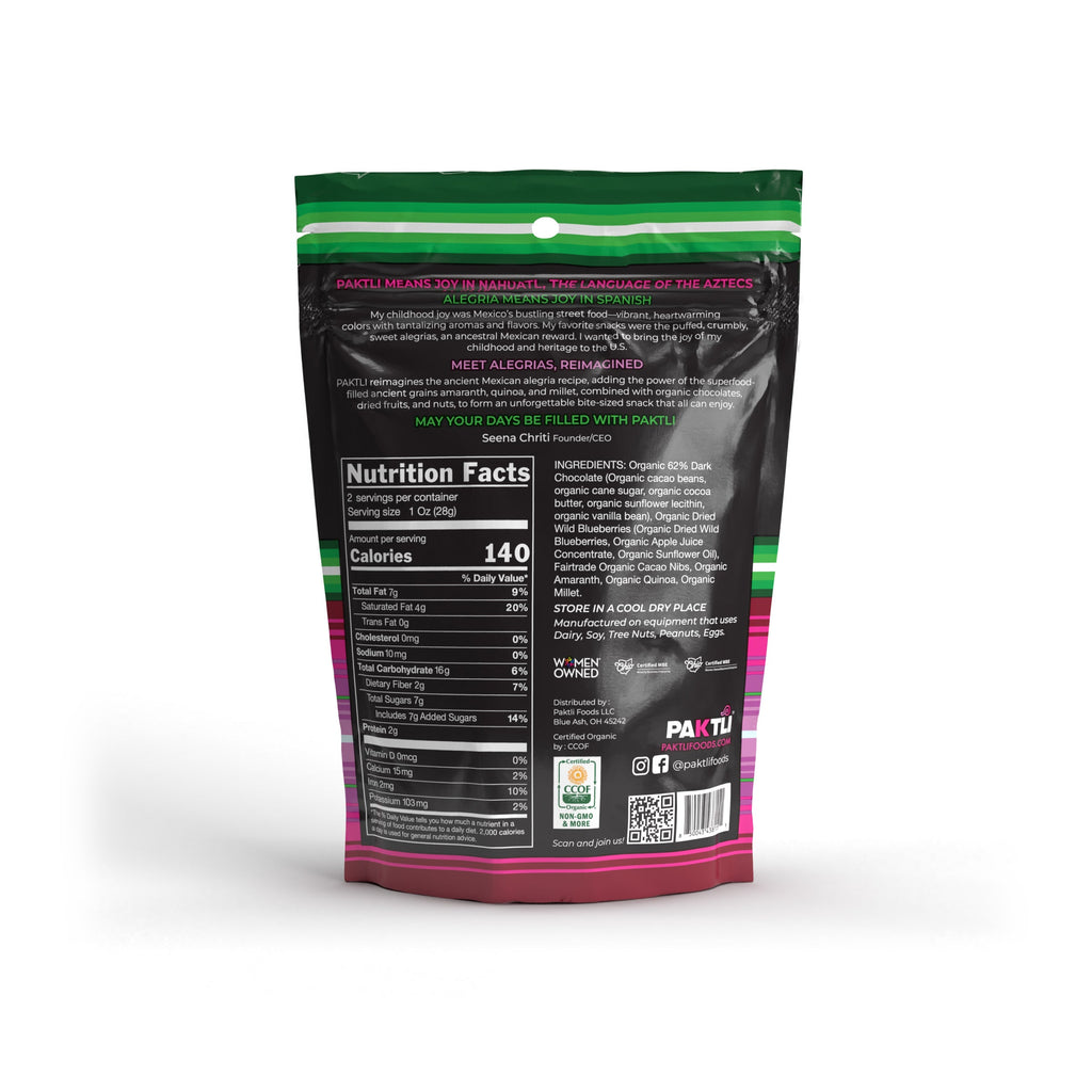 NEW Dark Chocolate Alegria Bites w/ Blueberries + Cacao Nibs