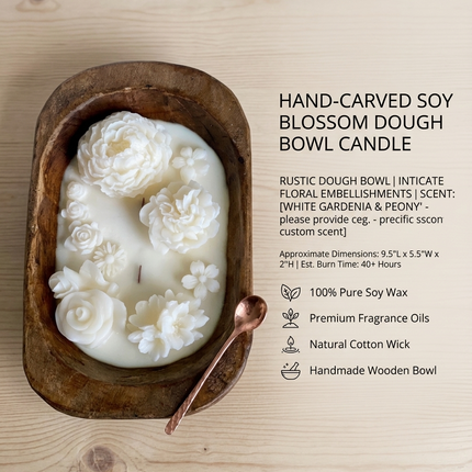 Dough Bowl Candle | Carved Wood Bowl | Floral Candle