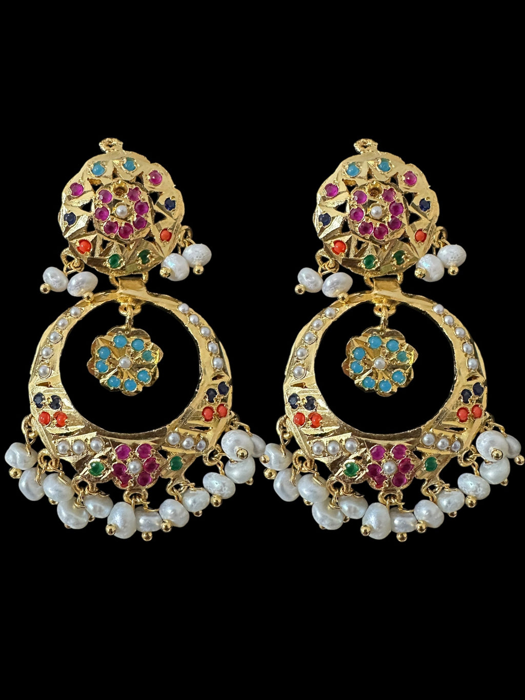 DNS195  Navratan jadau necklace set in fresh water pearls  ( READY TO SHIP )