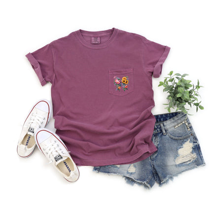 Wildflowers Bouquet Flowers Botanical Comfort Colors Pocket T Shirt | Camping, Hiking, Plant