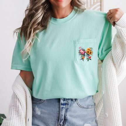 Wildflowers Bouquet Flowers Botanical Comfort Colors Pocket T Shirt | Camping, Hiking, Plant
