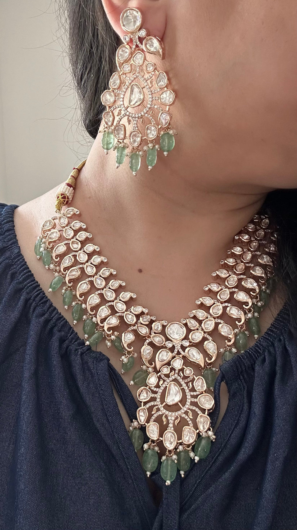 DNS206 Alayna Polki Necklace earrings tika set - light green beads with pearls ( READY TO SHIP )