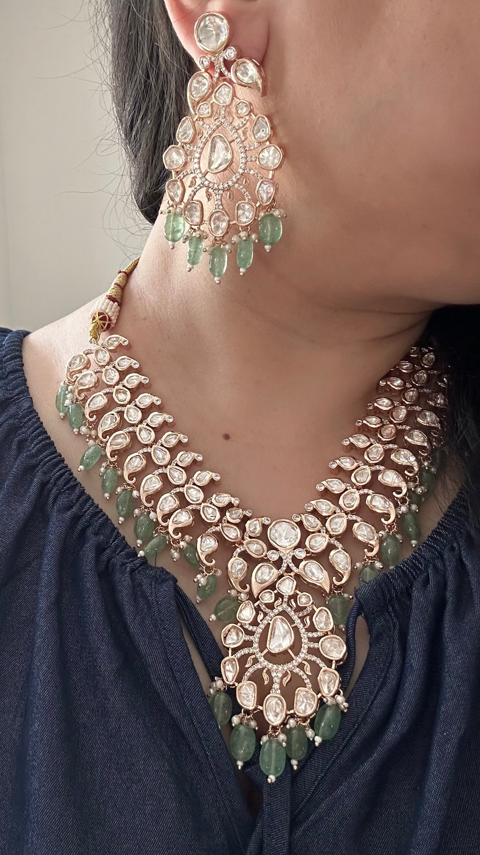 DNS206 Alayna Polki Necklace earrings tika set - light green beads with pearls ( READY TO SHIP )