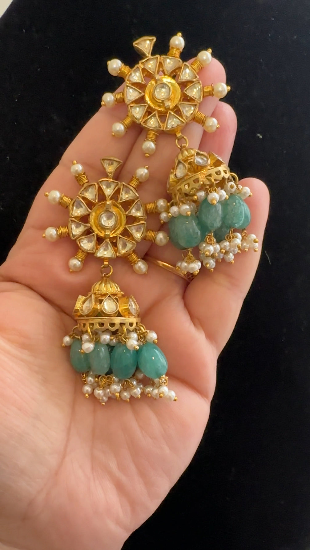 DER812 Pachi kundan jhumka with green beads  (READY TO SHIP )