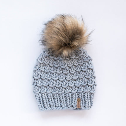 Gray Merino Wool Knit Hat with Faux Fur Pom Pom