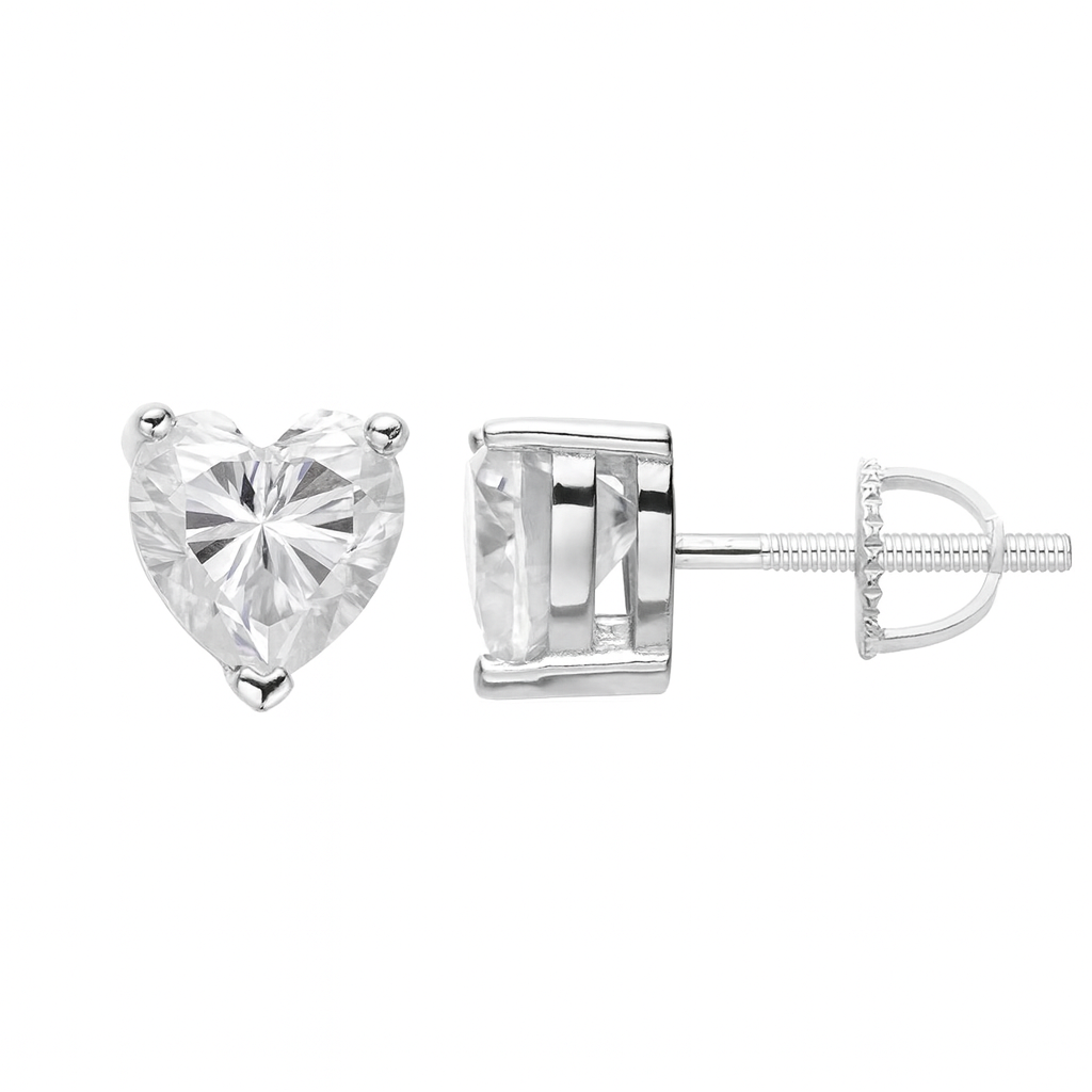Moissanite Heart Stud Earrings 925 Sterling Silver Screw Back