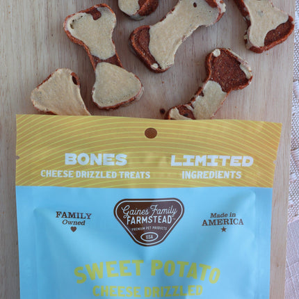 Cheese Drizzled Sweet Potato Bones