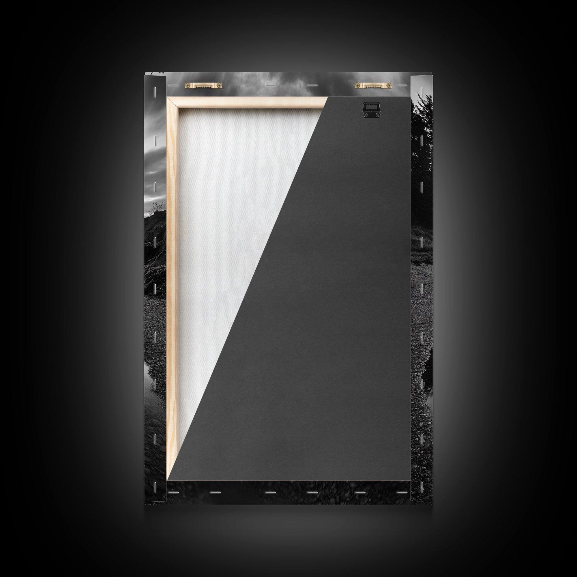 Reflective Tide Pool, Dramatic Sky, Forest Silhouette, Black and White Seascape, Framed Canvas Print, Living Room Wall Art, Nature Boho Style