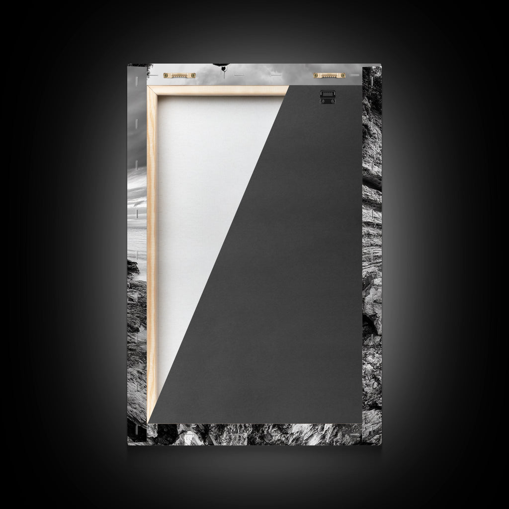 Lighthouse Beacon, Rocky Shoreline, Nautical Coastal Scene, Framed Canvas Print, Ocean View Art, Seaside Living Room Wall Decor