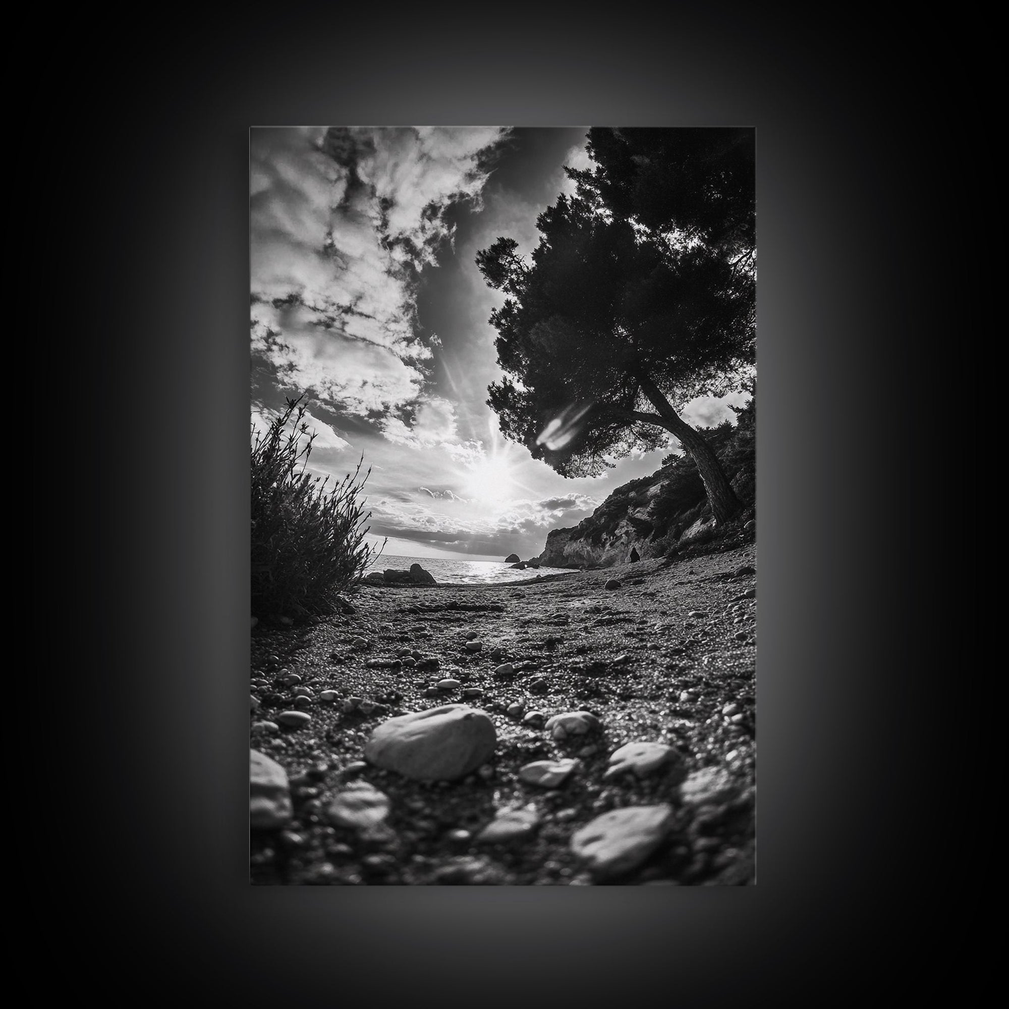 Sunset Beach View, Wide Angle Perspective, Nature Shoreline, Monochrome Landscape, Framed Canvas Print, Hallway Wall Art, Beach Decor