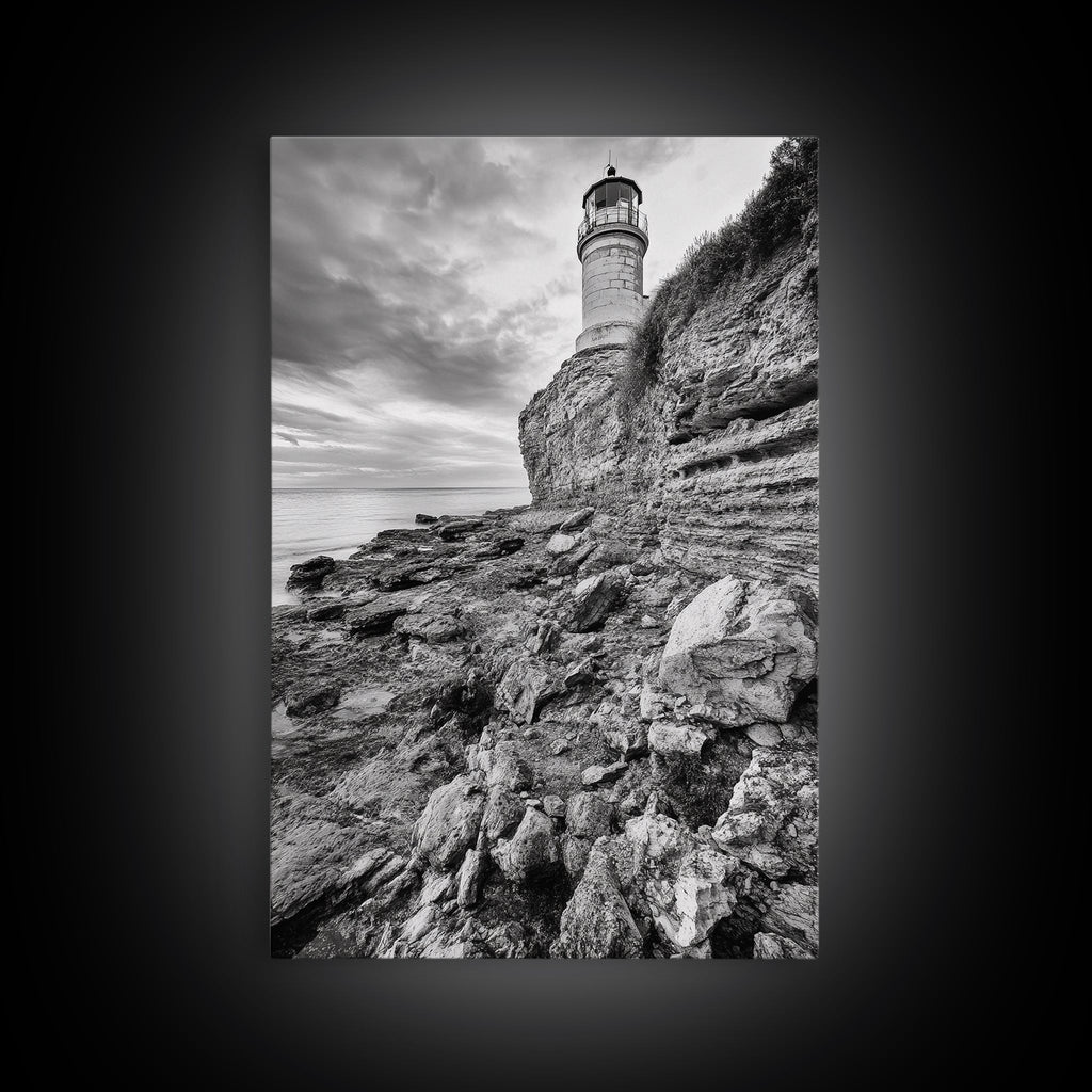 Lighthouse Beacon, Rocky Shoreline, Nautical Coastal Scene, Framed Canvas Print, Ocean View Art, Seaside Living Room Wall Decor
