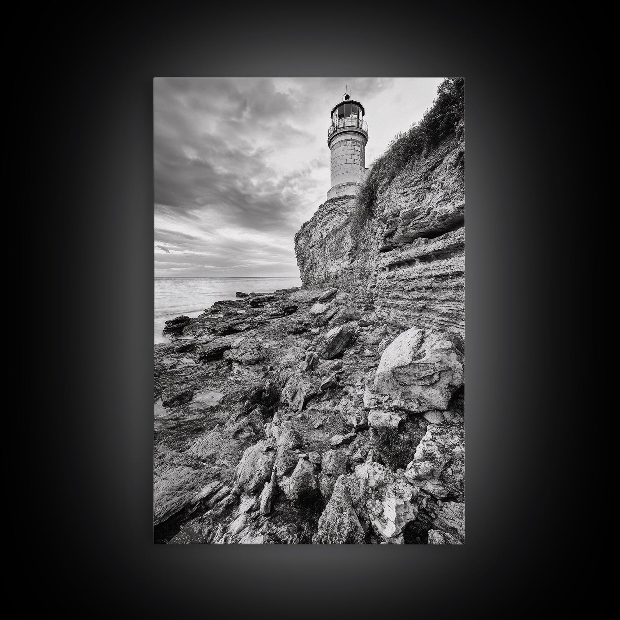 Lighthouse Beacon, Rocky Shoreline, Nautical Coastal Scene, Framed Canvas Print, Ocean View Art, Seaside Living Room Wall Decor