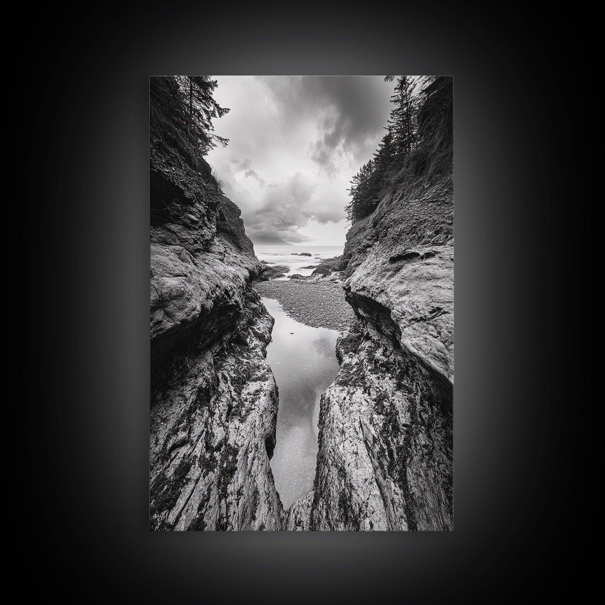 Ocean Ravine, Rugged Coastline, Pacific Wilderness, Stormy Seascape, Framed Canvas Print, Adventure Wall Art, Nature Home Decor