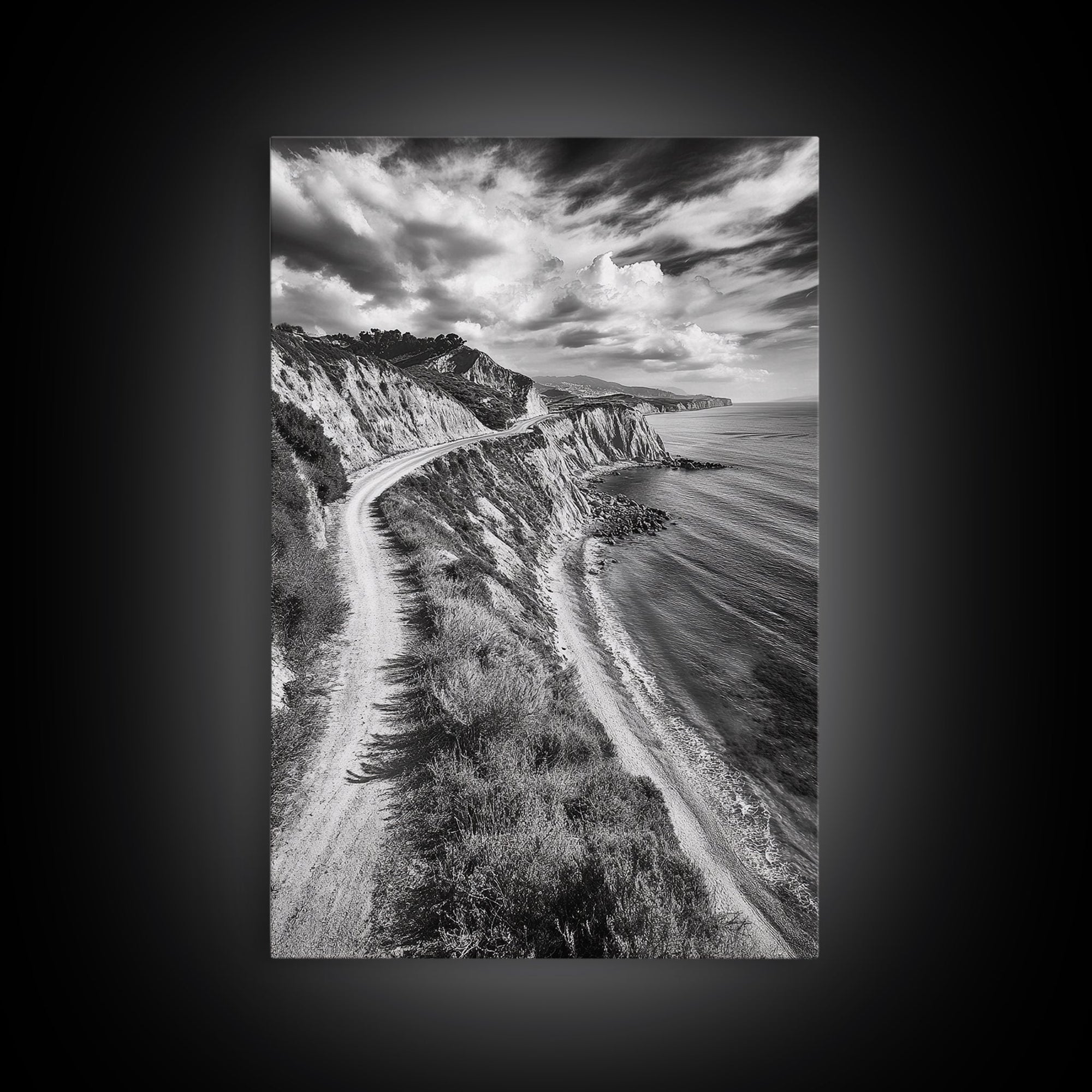 Coastal Mountain Trail, Ocean View, Travel Photography, Framed Canvas Print, Scenic Landscape Art, Office or Hallway Wall Art