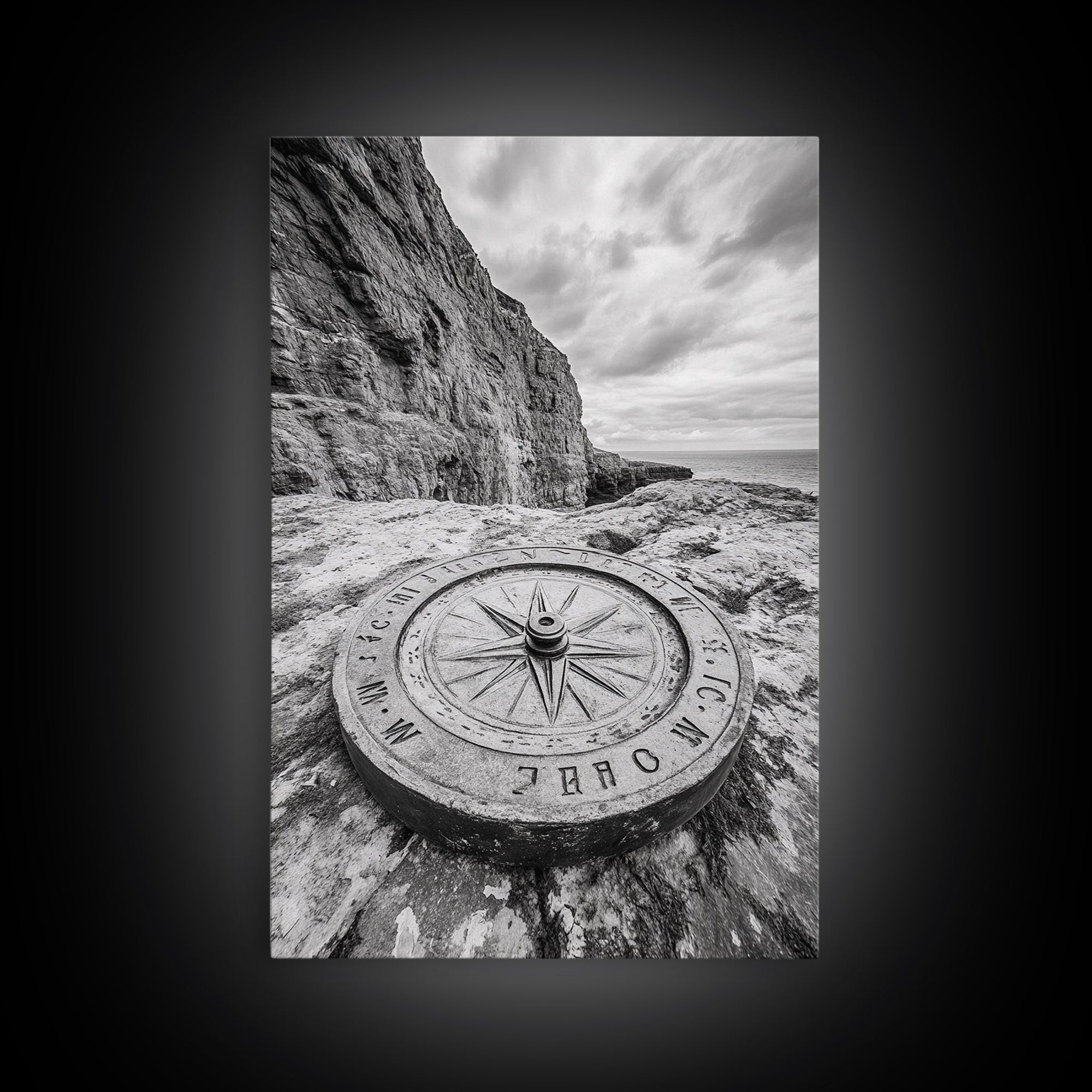 Compass On Cliff, Adventure Travel Art, Nautical Wall Decor, Framed Canvas Print, Rustic Office Art, Nature Explorer Gift Idea