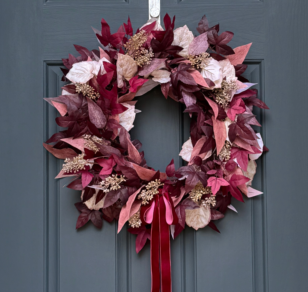 Burgundy Cimicifuga & Cream Fall Wreath with Berries & Velvet Bow