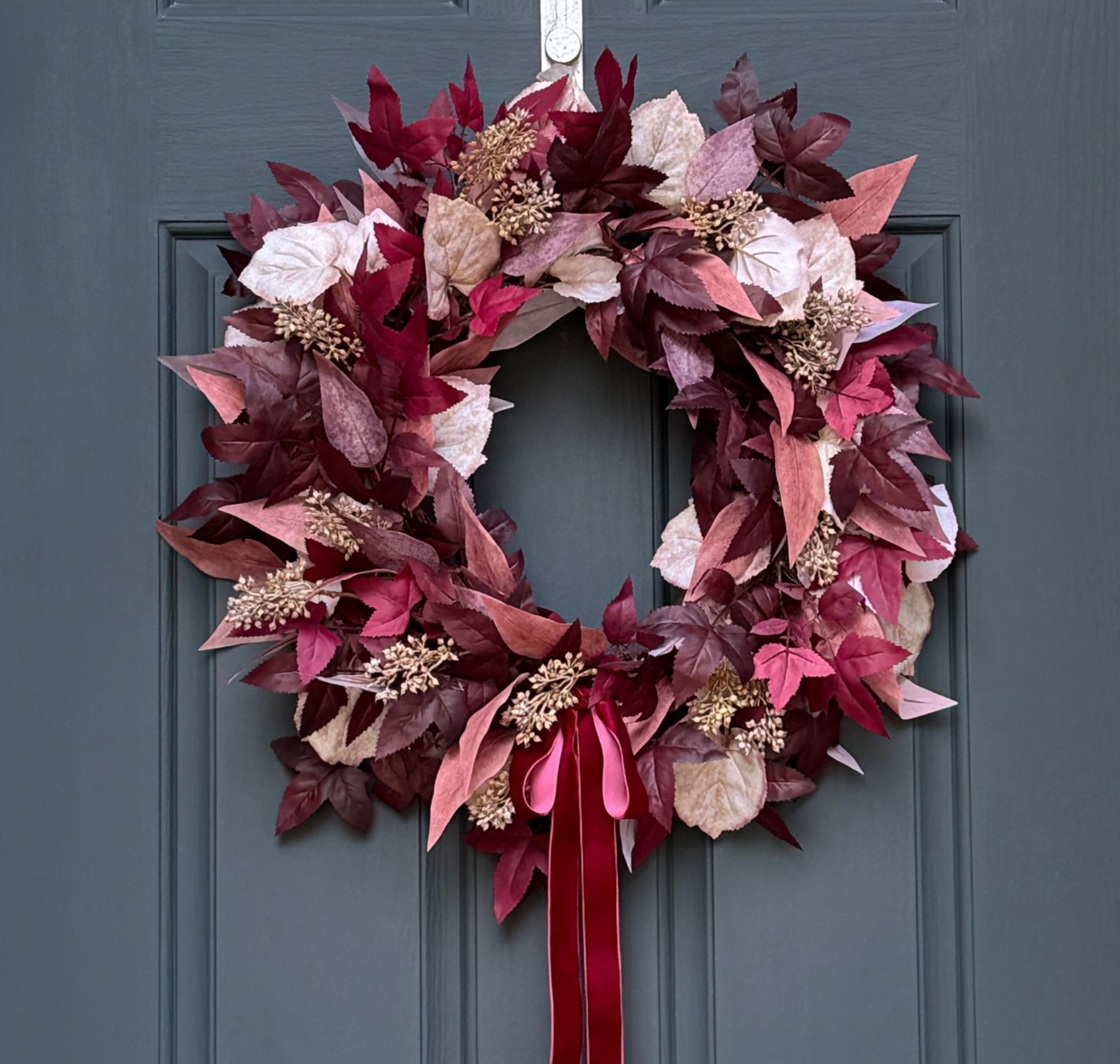 Burgundy Cimicifuga & Cream Fall Wreath with Berries & Velvet Bow