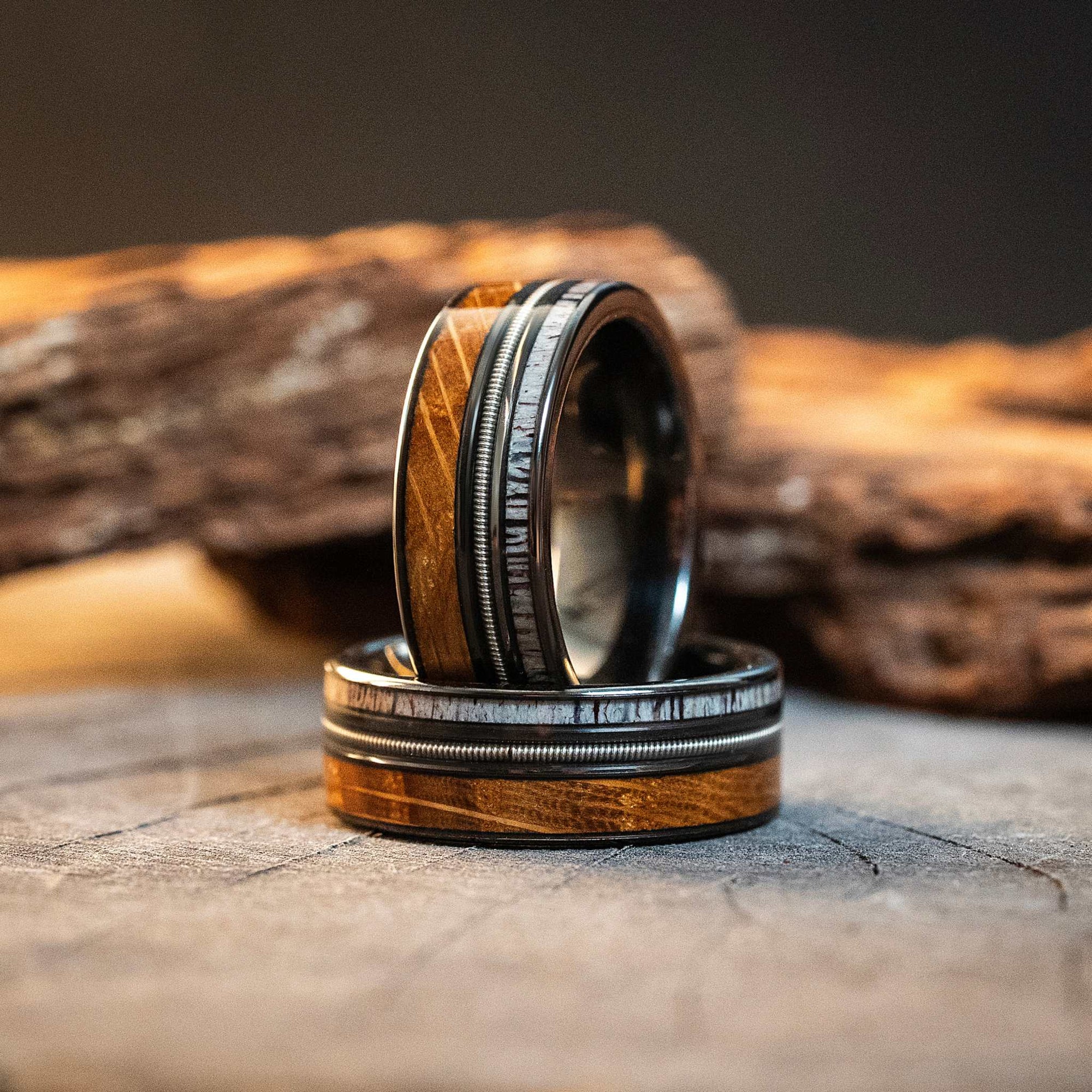 Whiskey Barrel Tungsten Carbide Ring Guitar String Antler