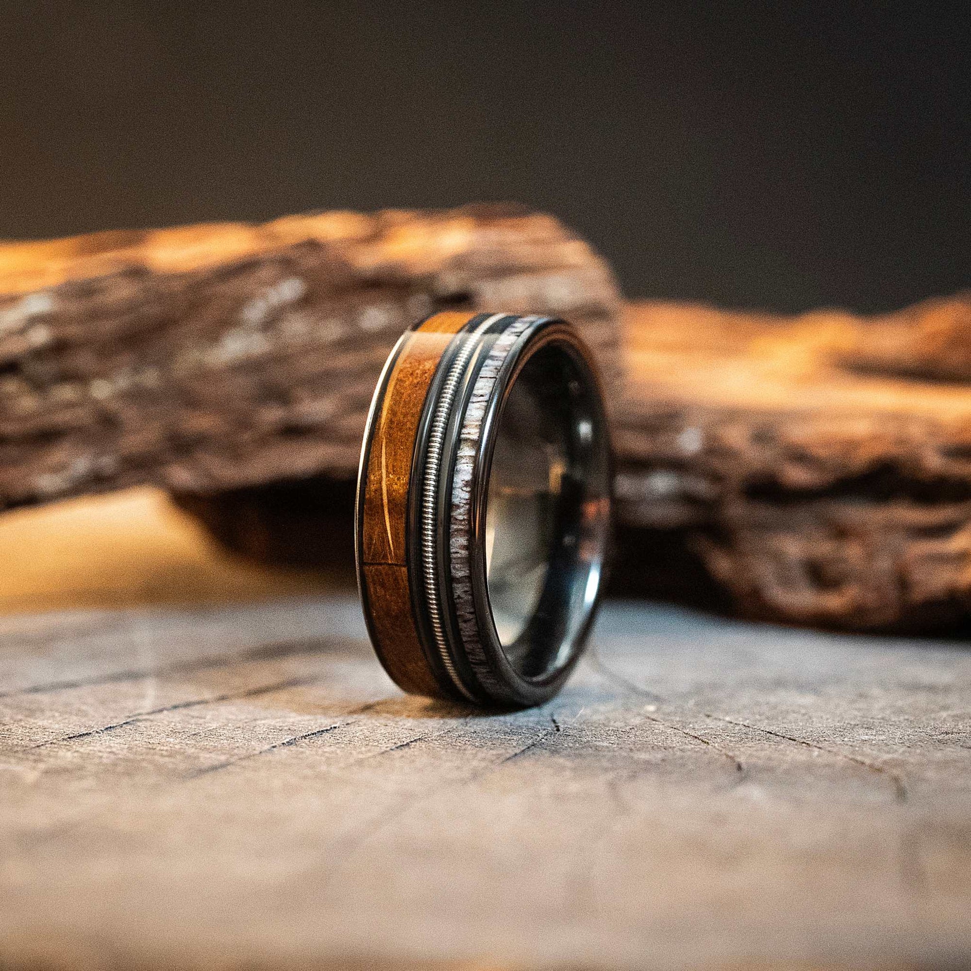 Whiskey Barrel Tungsten Carbide Ring Guitar String Antler