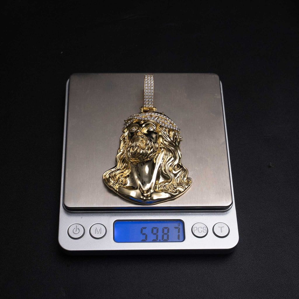 Moissanite Jesus Head Piece Pendant - 14K Gold Plated Solid 925 Sterling Silver